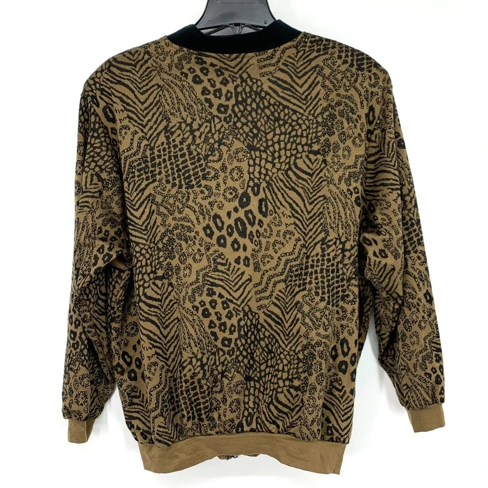 Rafael Jacket Womens XL Animal Print Zip Front Safari Gold Chain Vintage Bomber_10